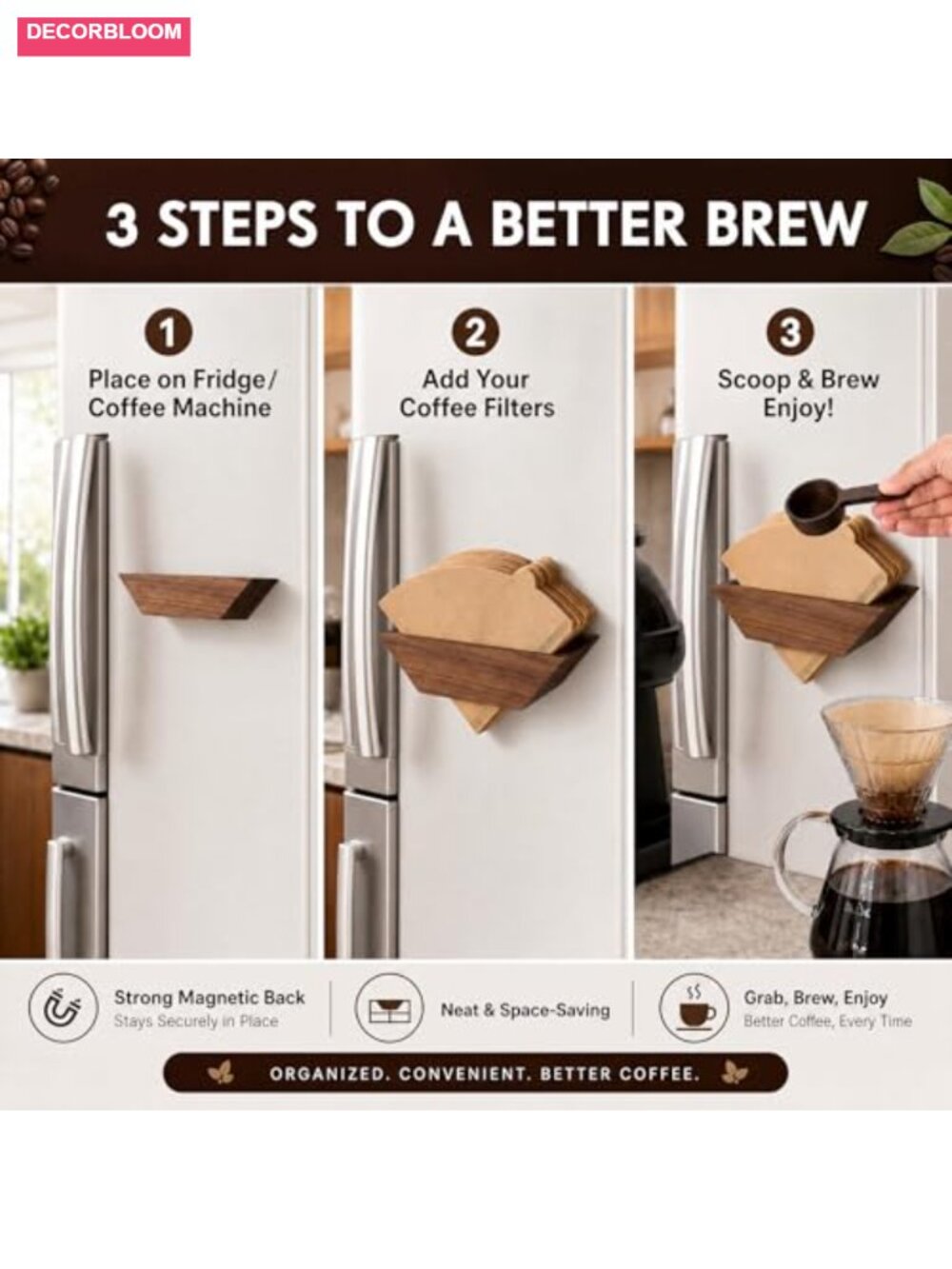 Magnetic Walnut Wood Coffee Filter Holder Set with 100 Filters & Spoon - Picture 5 of 6